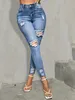 Pantalones de mujer Capris Blue Agujeros rasgados Jeans ajustados Slim Fit High Stretch Jeans ajustados desgastados Jeans de mezclilla para mujer Ropa J240103