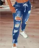 Women's Jeans VOLALO Drawstring Denim For Women Ripped Hole Stretch Jean Ladies Full Length Pencil Pants