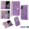 Multifunktion Glitter läderplånbok Fodral för Samsung S24 Ultra S23 Fe A24 A25 A05 A05S A15 S22 Plus A13 Fashion Lace Flower ID Card Slot Cash Pocket Pocket Pick Cover Cover