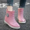 Comemore Damen Grüne wasserdichte Schuhe Damen Rosa Pelz Gummi Regenschuhe Frau Galoschen Designer Mittelkalb Winter Regenstiefel 231226