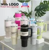 Met logo DHL Quencher 40oz Tumbler Tie Dye Lichtblauw Roze Luipaard Handvat Deksel Stro Bierpul Waterfles Poedercoating Outdoor Camping Cup E1226