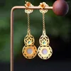 Dangle Earrings S925 Sterling Silver Inlaid Hetian Jade Ear Studs 장식 South Red Turquoise Fu Lu Female Gourd Style Treasure