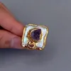 yygem天然紫色のアメジストdruzy淡水培養白い正方形真珠リング調整可能231225