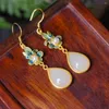 Dangle Earrings Natural Hetian Jade Water Drop White Stone S925 Sterling Silver Long Flower Enamel National Style