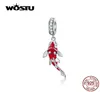 Wostu Lucky Carp Dangle Charm 925 Sterling Silver Red Enamel CZ Beads Fit Original Bracelet Pendant Silver 925 Jewelry CTC085 CJ197411291