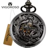 Halsband Vintage Classic Steampunk Skeleton Black Alloy Chinses Flying Dragonphoenix Mechanical Hand Wind Pocket Watch Fob Chain Clock