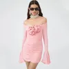 Casual Kleider 2023 Sommer Frauen Rosa Farbe Slash Neck Sexy Weg Von Der Schulter Mini, Figurbetontes Kleid Geburtstag Abend Party