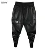 Idopy Men's Faux Leather Harem Pants Drawstring Elastic Waist Street Style Hip Hop Ankle Cuffed Pu Leater Joggers Byxor Male 231226