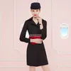 Air France Flight Desterant Uniform Professional Set Beauty Club European Airline Stewardess Workkläder Slim Fit Dress + Hat