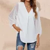 Kvinnor Bluses Womens Summer Chiffon V Neck Long Sleeve Blus Casual Loose Work Business Floral Shirts Tunic Tops