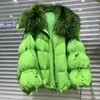 Invierno cálido Real Natural Cuello de piel de mapache pato blanco abajo abrigo de pan verde mujeres elegante linterna manga arco abajo chaqueta 231226