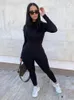 Kliou solid black gray long sleeve skiing jumpsuit women elastic hight outfit fashion fitness sportwear slim rompers streetwear 231226