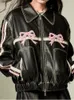 Y2K 폭격기 재킷 여성 빈티지하라 주쿠 보우 프린트 PU 가죽 코트 여성 한국 패션 하이 스트리트 지퍼 사이클 외부웨어 231226