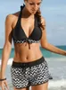 2024 Sexy Tankini Swimsuit Women Striped Print Plus Size Swimwear Halter Backless Beach Wear Bathing Suit Big Chest Bather 5XL 231225