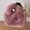 Winter Artificial Rabbit Hair Tote Bag Color Diamond Design Women's Soft Faux Fur Handbag Small Fluffy Causal Plush Purses 231226