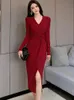 Autumn Winter Red Sticke Long Dress Gown Women Elegant BodyCon Casual Dress Korean Vintage Luxury Evening Dress 231226