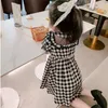 Girl Dresses Baby Black White Plaid Mesh Hollow Out A-line Dress Korean Kids Short Sleeve Princess Toddler Clothes Vestido 2-7Yrs