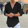 Magliette da uomo T-shirt casual con scollo a V in tinta unita 2024 Camicia in lino di cotone a maniche lunghe Top allentato hawaiano