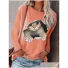 Women'S T-Shirt Haruku 3D Cat Printing Women Tshirts Autumn Fashion Oneck Long Sleeve Plover Tops Lady Casual Tee Female Loose Stree Ott5G