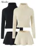 Absobe Pull tricoté Mini jupe 2 pièces ensemble femmes à rabat col haut à manches longues haut a-ligne jupe courte ensemble automne Streetwear 231225