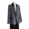 女性のスーツ高品質のグレーの格子縞のウールブレザージャケットダブルブレスト韓国秋冬2023ルーズスーツコートアウター