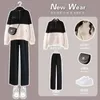 女性の秋と冬の韓国のカジュアルワイドレッグパンツファッション2ピースセット231226のためのベルベットと厚い子羊の髪の外側セット231226