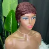 Top Quality Brazilian Peruvian Indian 100% Vrigin Raw Remy Human Hair Wine Red Pixie Curly Short no Lace Wig