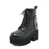 Boots Goth Platform Chunky Heels Combat For Women Metal Chain Halloween Comfy Black Heeled Wide Calf