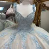 Glitter Sky Blue Quinceanera Dress 2024 Messicano Applique Perline di pizzo Floreali Sweet 15 Dress Paillettes Abiti Para Xv Festa di compleanno