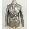 High Street Est Designer Stylish Runway Womens Fashion Lion Buttons Silver Leather Blazer Jacket 231225