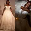 Plus Size Aso Ebi Wedding Dresses Off Shoulder Ball Gown Bridal Dress for African Black Women Bride Gorgeous Tiered Lace Bead Tulle Bridal Gowns for Marriage CDW177