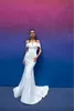 Stunning White Detachable Dresses Off Shoulder Cascading Ruffles Satin Wedding Gown Sweep Train Chapel Bridal Dress