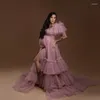 Vestidos casuais poeirento rosa sheer ver através de tule maternidade vestes frente aberta ilusão gravidez pogal longo um ombro babados vestido