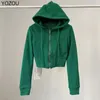 Yozou 2023 Green Pink Black Cropped Full Zip Up Phoodie Slim Y2K Solid Hooded Sweatshirt Crop Top Women Kpop Streetwear Kawaii 231225