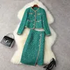 Femmes Elegant Vintage Tweed Fragrant Suit Jacke Coat Top et jupe Two Piece Set Green Tenfit Winter Jacquard Party Clothing 231225