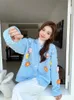 여자 니트 Zoki Sweet 3d Floral Women Knitted Cardigan 우아한 프레피 스타일 느슨한 스웨터 코트 한국 캐주얼 긴 소매 o 목 패션