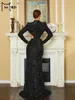 الفساتين غير الرسمية Missord 2023 أسود الترتر الأسود لحضور حورية البحر لباس النساء طويلة الأكمام الياقوت