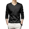 Men's T Shirts Autumn Winter Shirt V Neck Long Sleeve Velvet Lining Pullover Soft Warm Mid Length T-shirt For Fall Spring V-neck