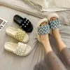 Slippers Women/girl's Cute Bubble Platform Med-high Heels Thick Bottom Pearl Beads Flip Flops Female Bohemian Silk Beach Slides