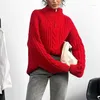 Women's Sweaters Red Sweater Women Zipper Jacquard Turtleneck Autumn Winter Pullover Knit Elastic Jumper Casual Thick Loose Warm Y2k Jumpers