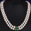 2 ROW 8-9MM SOUTH SEA WHITE GREEN JADE MOTHER PEARL NECKLACE YELLOW CLASP295r