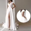 Popüler V yaka yan dikiş zarif elbise kadınların resmi elbise gece elbisesi beyaz uzun stil 231226