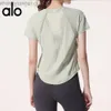 Desginer alos yoga al t shirt sommar coola kläder kvinnors fitness hopp sport kort ärm topp pilates träning t-shirt