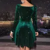 Sıradan Elbiseler Kadın Kadife Elbise V-Neck Partisi Koleksiyonu Kadınlar Sonbahar Kış A-line Elbise Noel için Uzun Kol Yüksek Bel