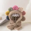 Bérets enfants chapeau thermique filles dessin animé fleur forme peluche avec écharpe intégrée doux chaud oreille protection casquette pour