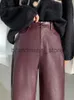 Spodnie damskie capris syiwidii ​​Burgundowe skórzane spodnie kobiety szerokie nogi spodnie koreański styl y2k moda luźne spodnie śródbłonki czarne puggy spodnie J231226