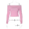 女性のTシャツY2Kスタイルの女性デザインピンクカラー長袖クロップトップ