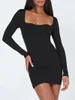 Lässige Kleider CHQCDarlys Damen Sexy figurbetontes Minikleid Langarm Quadratischer Ausschnitt Ausschnitt Kurz Elegant Slim Fit Club Party