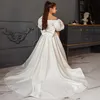 elegant Princess Ivory Puff Sleeves Flower Girl Dresses For Wedding 2024 Satin A-Line Boat Neck First Communion Gowns With Bow