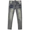 Men's Jeans Retro Make Old Ripped Patch Stretch Slim Trendy High Street Pencil Pants Trousers Nostalgic Clothing